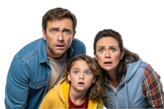Family expressing surprise and concern in a moment of shock and disbelief during a dramatic situation at home