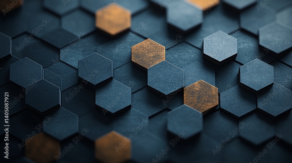 Poster abstract hexagonal pattern with dark blue and copper accents