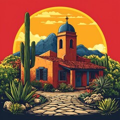 Vibrant southwestern architecture with red sun glow high resolution picture