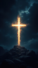 Obraz premium A dramatic digital art depiction of a cross on a rocky cliff under a stormy sky with rays of light.