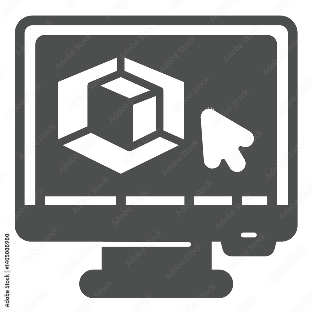 Poster monitor with 3d graphics program solid icon, architect studio concept. vector graphics. computer dis