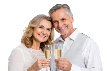 Joyful couple celebrating love during anniversary with champagne glasses in hand