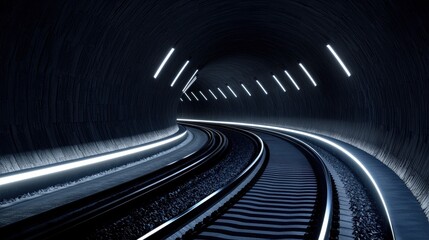Naklejka premium A dark tunnel with a curved ceiling and illuminated tracks.
