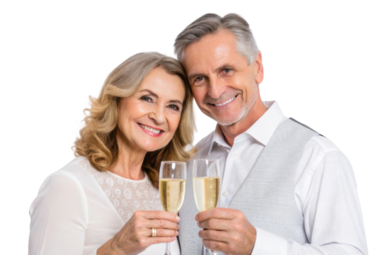 Joyful couple celebrating love during anniversary with champagne glasses in hand