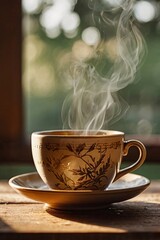 Steaming coffee cup with tropical plants and morning sunlight