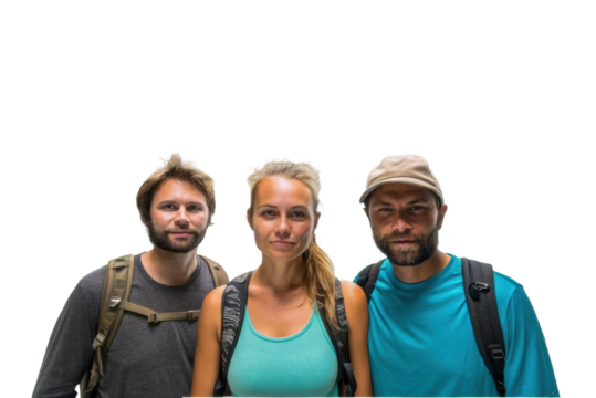 Outdoor adventure group ready for exploration and teamwork in nature during a hiking trip