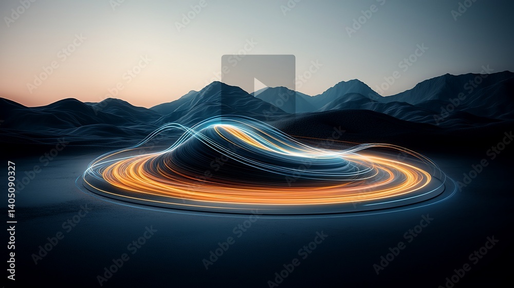 Poster abstract landscape with swirling light patterns on a mountain backdrop