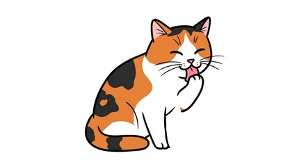 Playful calico cat grooming itself against a white background  