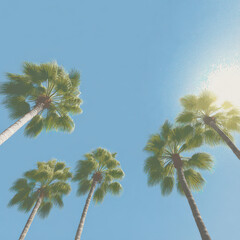 A row of palm trees are in the sky with a blue sky background