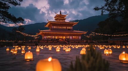 Illuminated Bhutanese Temple and Candlelit Lanterns in Mountain Landscape