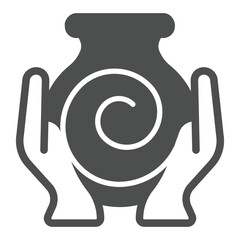 Clay pot with twirl in hands solid icon, pottery making concept. Vector graphics. Hands with clay pot, handcraft sign on white background, glyph style icon for mobile or web design.