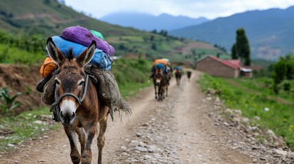 A donkey carrying a large load of colorful bags on its back.