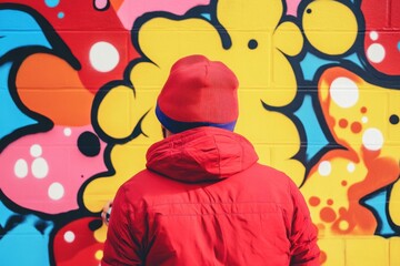 Artist creates vibrant cartoon mural on city wall with colorful paint splashes in urban area