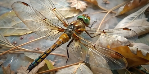 Macro image of vibrant dragonfly resting on autumn leaves with detailed wings, body texture, biology visuals, insect studies, nature-themed prints, and educational materials