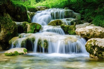A scenic waterfall cascades over rocks surrounded by green foliage