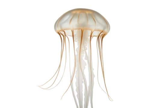 Ethereal jellyfish floating gracefully in ocean waters, showcasing delicate tentacles and translucent body, perfect for marine theme design