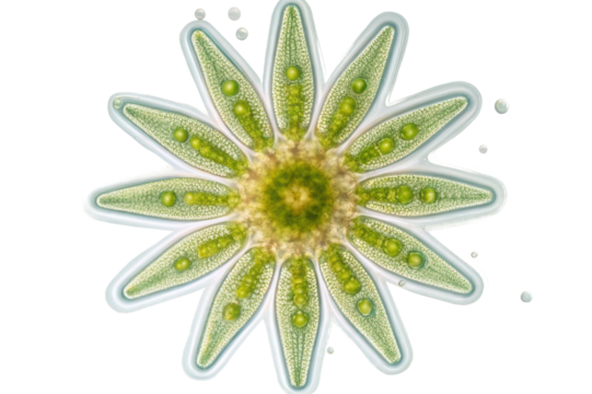 Green flower-like organism captured under a microscope showcasing intricate details and cellular structure for educational and scientific use
