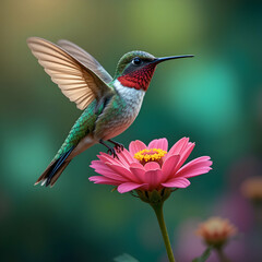 Fototapeta premium Ruby-throated Hummingbird on Zinnia