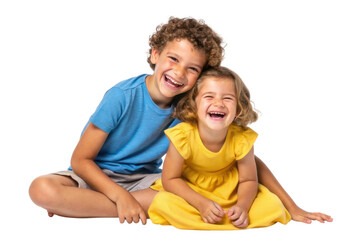 Joyful siblings enjoying a playful moment together, expressing happiness and connection in bright casual attire