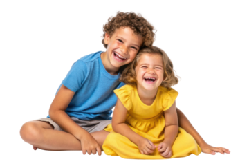 Joyful siblings enjoying a playful moment together, expressing happiness and connection in bright casual attire