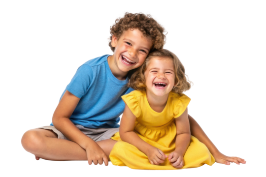 Joyful siblings enjoying a playful moment together, expressing happiness and connection in bright casual attire