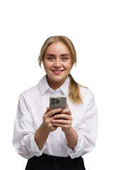 Smiling Young Woman Interacts With Smartphone, Showcasing a Sense of Joy and Connectivity in a...
