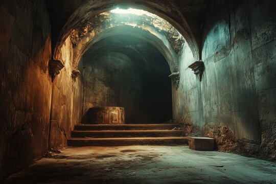 Ancient, dimly lit subterranean passageway.