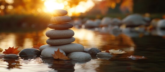 Obraz premium Balanced stack of river stones beside water during golden hour