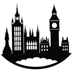 London Skyline Silhouette Vector: Black & White Illustration of Westminster Palace, Big Ben, & UK Landmarks for Design & Graphics
