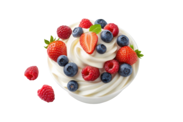 Creamy frozen yogurt topped with fresh berries and mint leaf for summer treats and dessert ideas