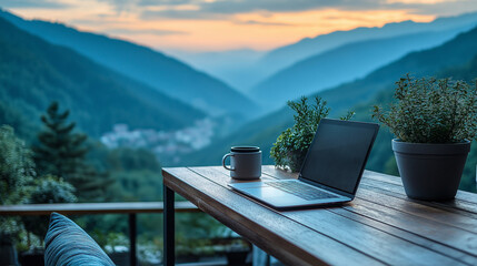 Serene Workspace with a View: Capturing a picturesque laptop and mug on a wooden table set against a mesmerizing backdrop of layered mountains and a serene sky.