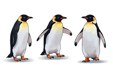 Fototapeta premium Three Emperor Penguins, Side-by-Side, Animated Style, White Background.