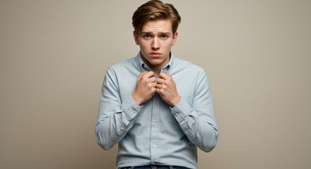 Fototapeta premium Young man adjusting his shirt, looking concerned against a neutral background
