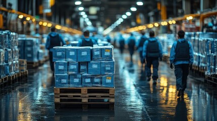 Obraz premium Night Shift at the Factory: Workers Transporting Goods