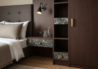 Fototapeta premium Dark wood wardrobe and shelf with polished stone accents in minimalist guest room