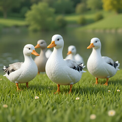 Obraz premium White Ducks in Green Grass - Nature Photography