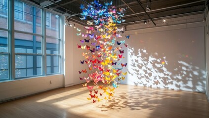 Obraz premium A beautiful colorful butterfly art installation is suspended in the air