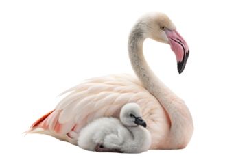 Flamingo caring for its chick in a serene setting, showcasing nurturing wildlife behavior for educational and creative purposes