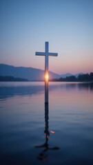 A tranquil scene with a Christian cross in the center reflected on water at sunset.