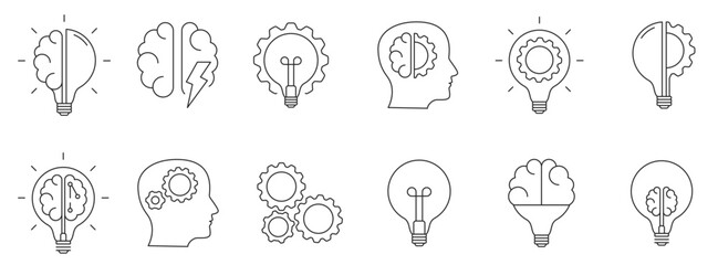 Brainstorm thin line icons set. Artificial light, brain, Lightbulb, creative, Development, knowledge, brainstorming, brainstorm solution Editable stroke. Vector