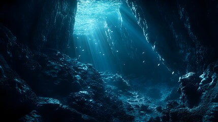 Obraz premium Mystical Underwater Cave: An ethereal underwater cave bathed in captivating blue light, revealing a breathtaking aquatic sanctuary and evoking a sense of mystery and wonder.