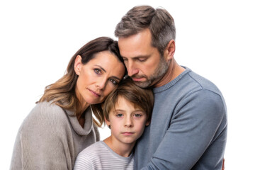 Obraz premium Emotional family portrait with parents embracing son in cozy sweaters at home
