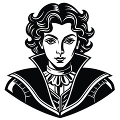 Elegant Black and White Vector Illustration of a Vampire with Curly Hair and High Collar, Gothic Style Portrait for Halloween Designs