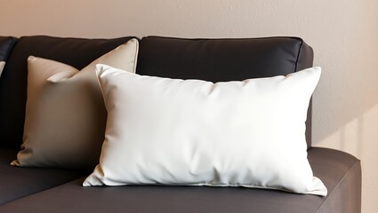 Luxurious White Rectangular Pillow on Brown Leather Sofa Interior Design Inspiration