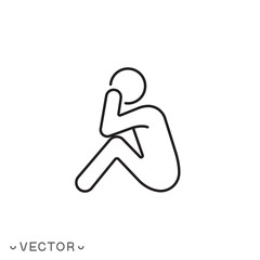 depression or stress icon, loneliness concept, sad and unhappy human, thin line symbol isolated on white background, editable stroke eps 10 vector illustration