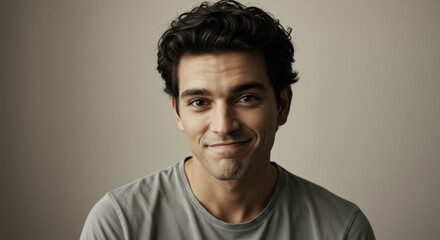 Obraz premium Smiling young man in casual attire against a neutral background, exuding warmth