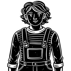 Young person wearing overalls smiling in a minimalistic style  