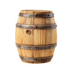 Fototapeta premium Wooden barrel with metal hoops on a white background. Concept of storage, aging, and rustic decor.