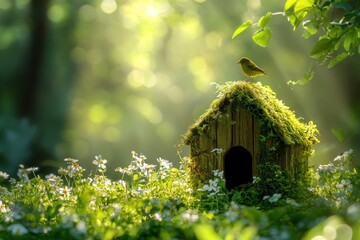 A small bird perched atop a mossy house structure outside