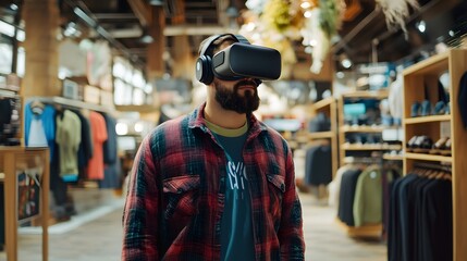 Obraz premium Virtual Explorer: A man with VR headset exploring a store, experiencing a virtual reality environment.